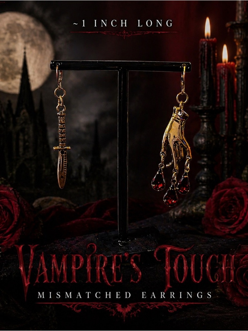 Goth Vampire Dagger Hand Earrings Blood Drop Red Crystal Horror Mismatch Punk